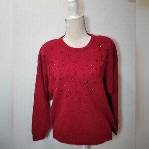 VTG Together Womens Beaded Sweater Lambswool Angora Red Sz XL Soft Holiday Comfy